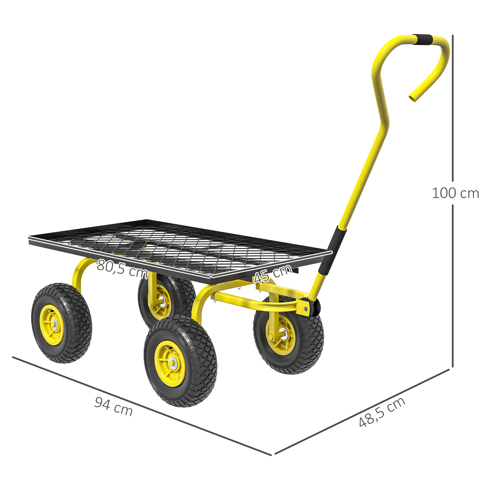 Chariot de transport jardin remorque à main charrette à bras 4 roues charge max. 150 Kg acier noir jaune