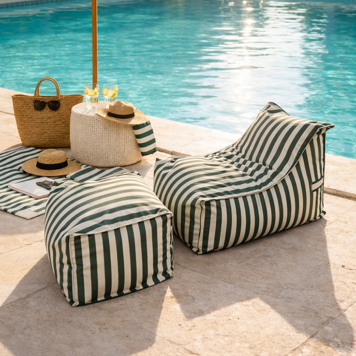 BOLOGNE Ensemble de poufs d’extérieur rayés vert déperlant