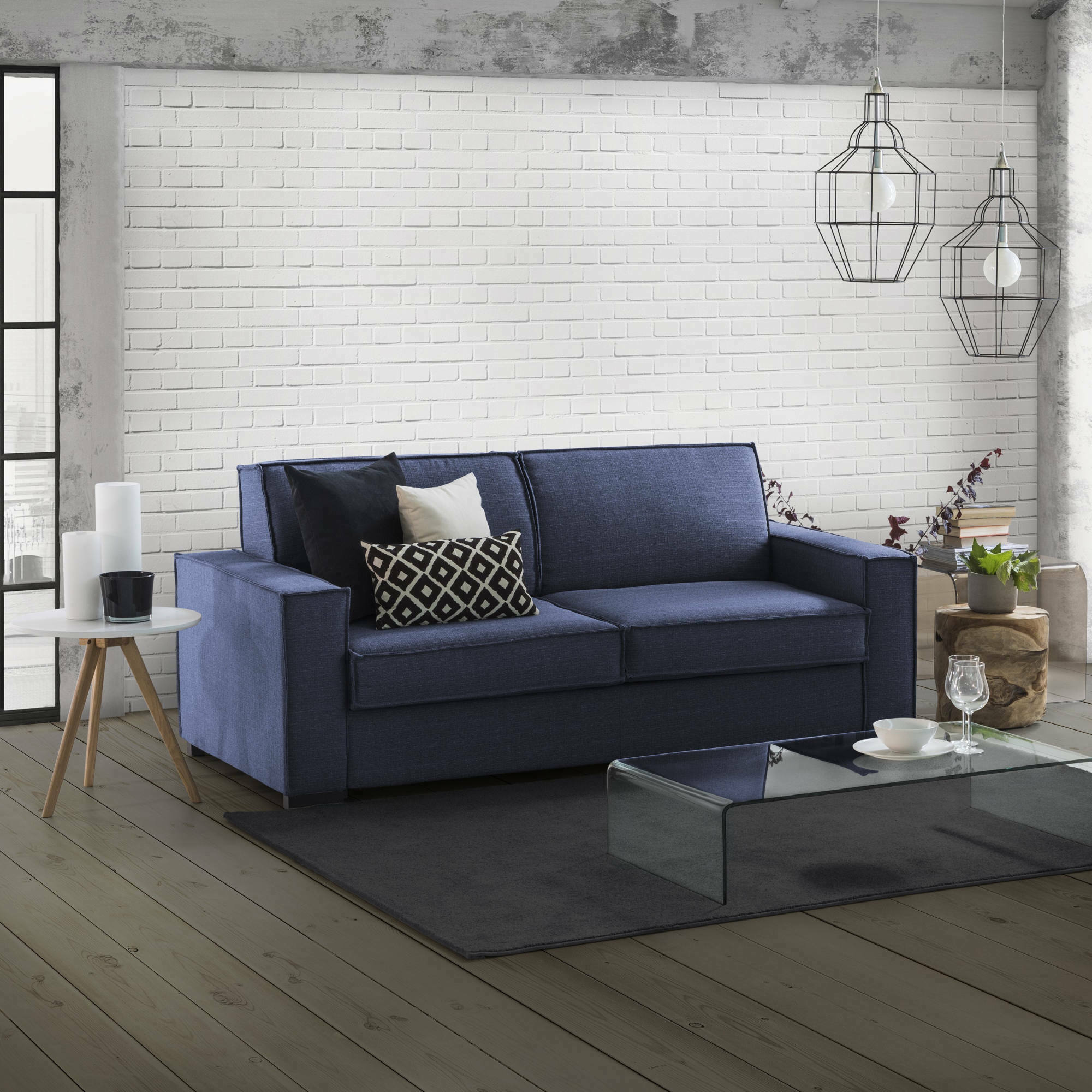 Divano letto 2 posti Amapola, Sofà Soggiorno con apertura girevole, Tessuto imbottito, Braccioli standard, 100% Made in Italy, Cm 200x95h90, Blu
