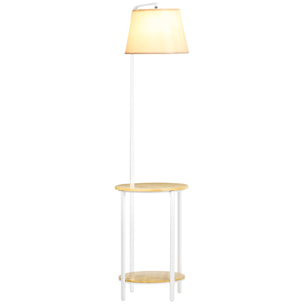 Lampadaire étagères design dim. Ø 37 x 162H cm 40 W max. bois bambou verni métal abat-jour tissu blanc