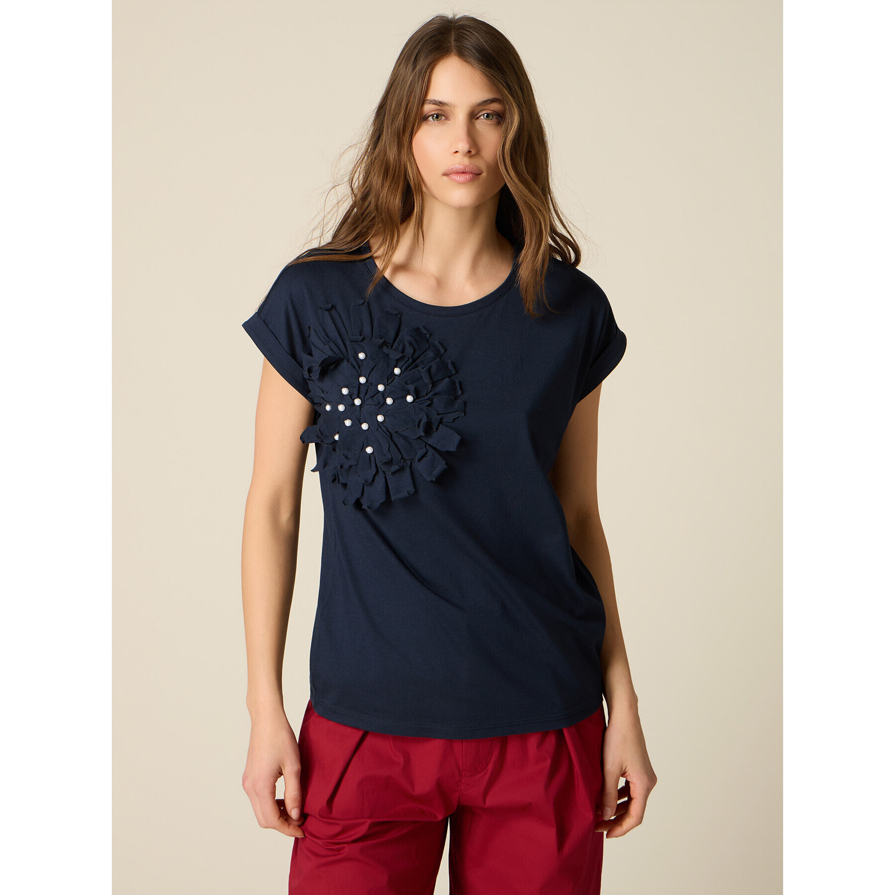 Oltre - T-shirt con applicazione e perle - Blu