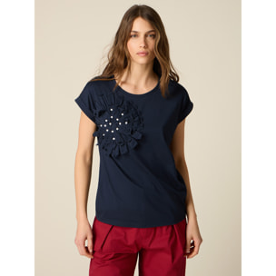 Oltre - T-shirt con applicazione e perle - Blu