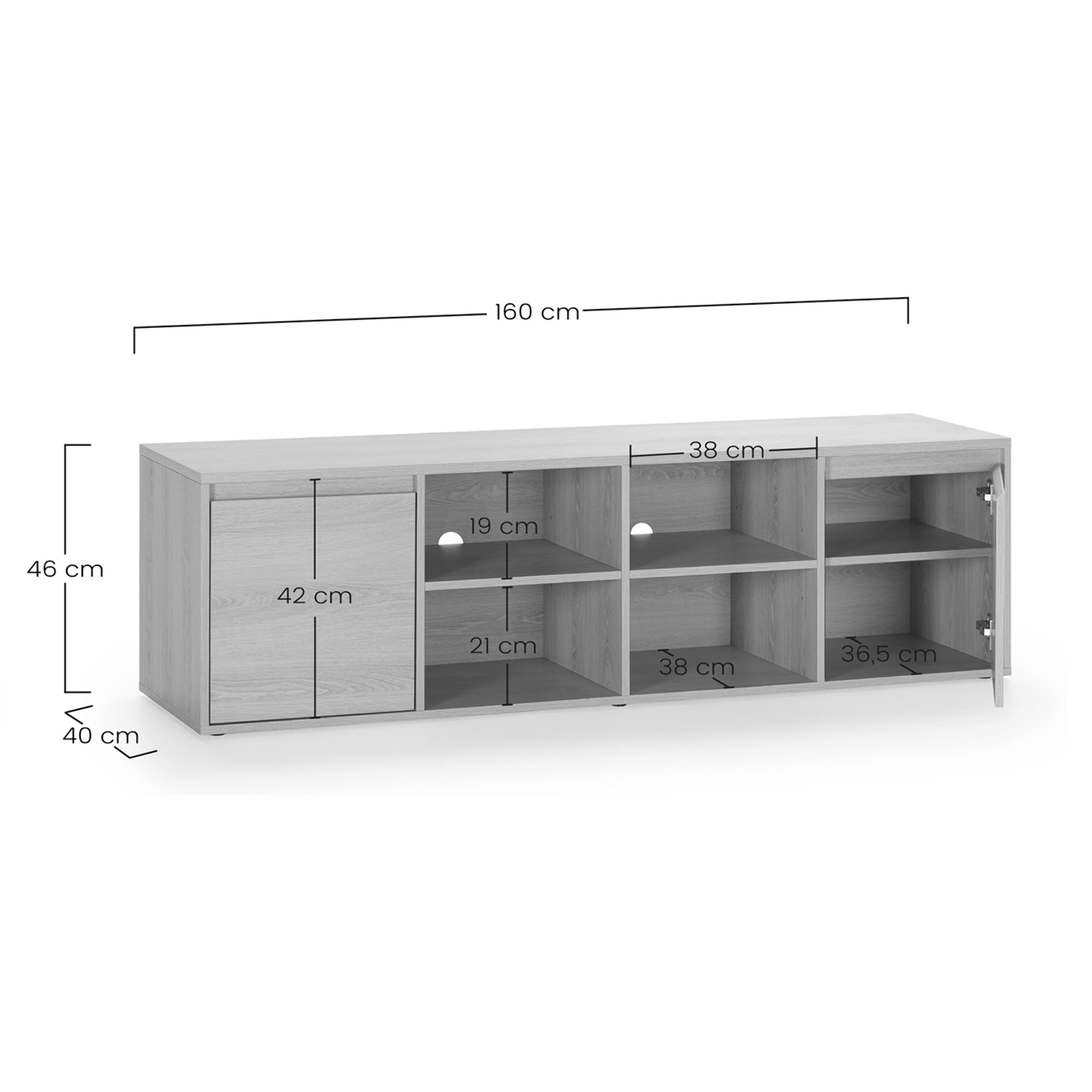 Mueble TV Tori 2 Puertas 4 Huecos, Color Roble, 160 cm