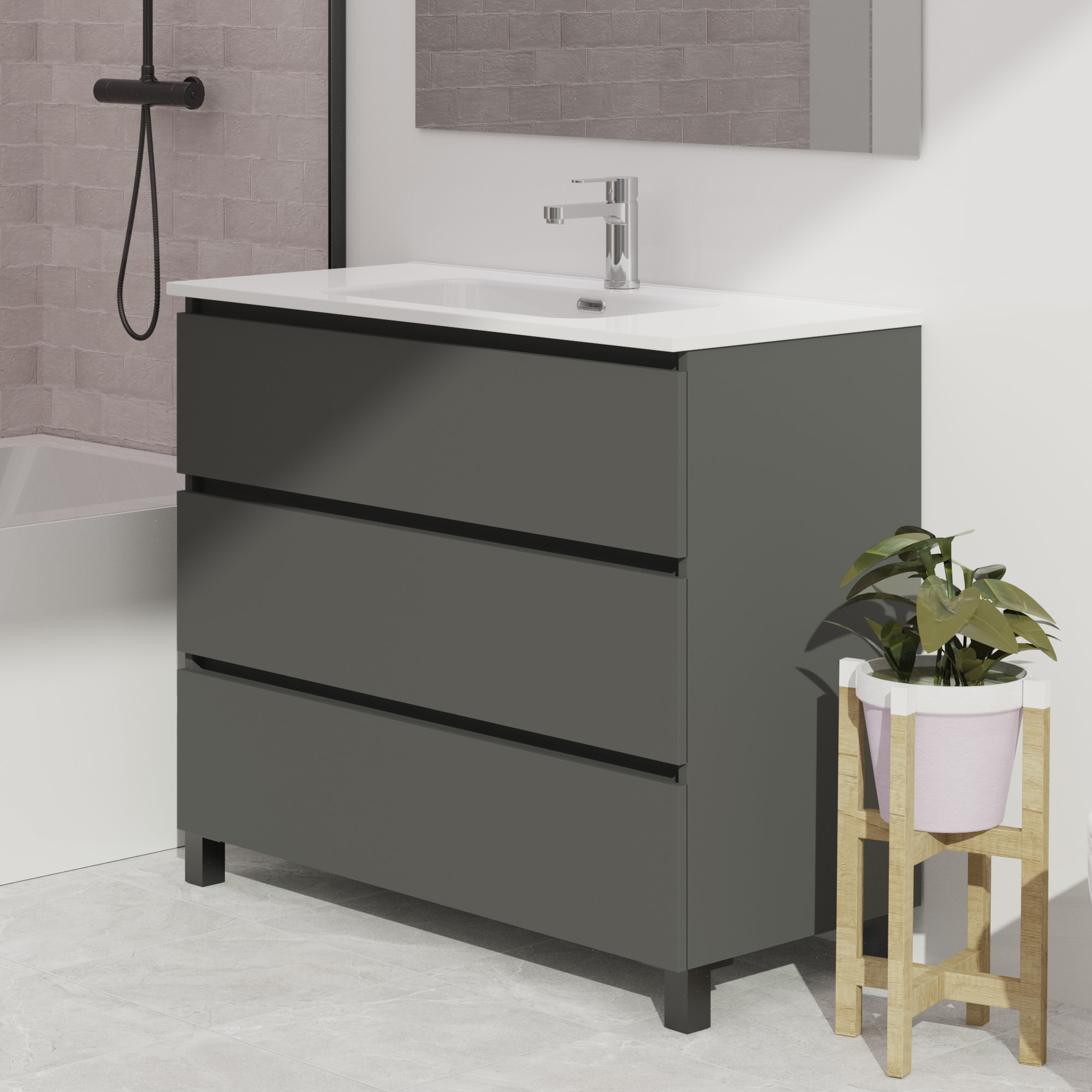 Conjunto de baño Wink | 100 cm Gris Mate | Tres cajones | Lavabo encastrado | No incluye espejo | Mueble montado | Alday