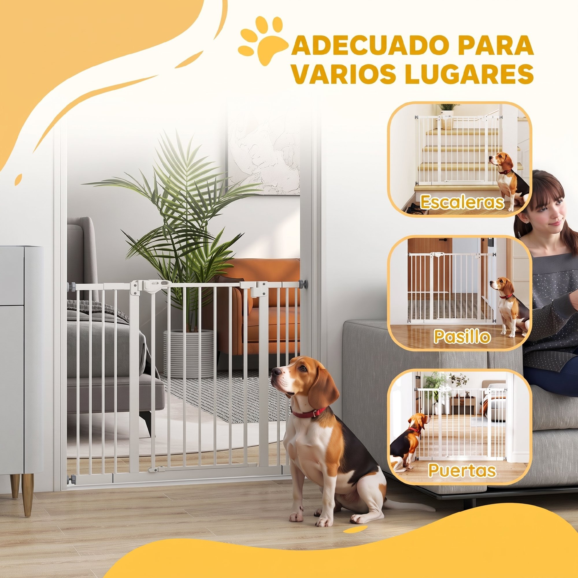 Barrera de Seguridad para Perros Extensible 74-100 cm, para Puertas y Escaleras, Barrera para Perros Medianos, Cierre Automático Montaje a Presión Doble Bloqueo 2 Extensiones 7/14 cm, Blanco