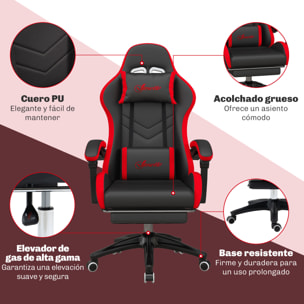 Silla Gaming Ergonómica Reclinable 135°, Silla Gamer Racing de Cuero PU con Soporte Lumbar, Altura Ajustable, Reposacabezas y Reposapiés Retráctil, para Oficina, Estudio, Negro y Rojo