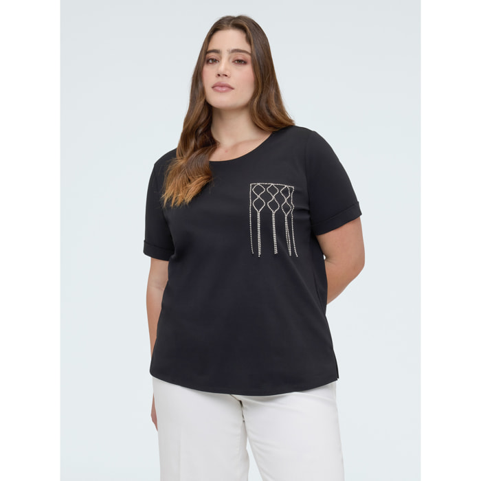 Fiorella Rubino - Camiseta de algodón con bolsillo decorado - Negro