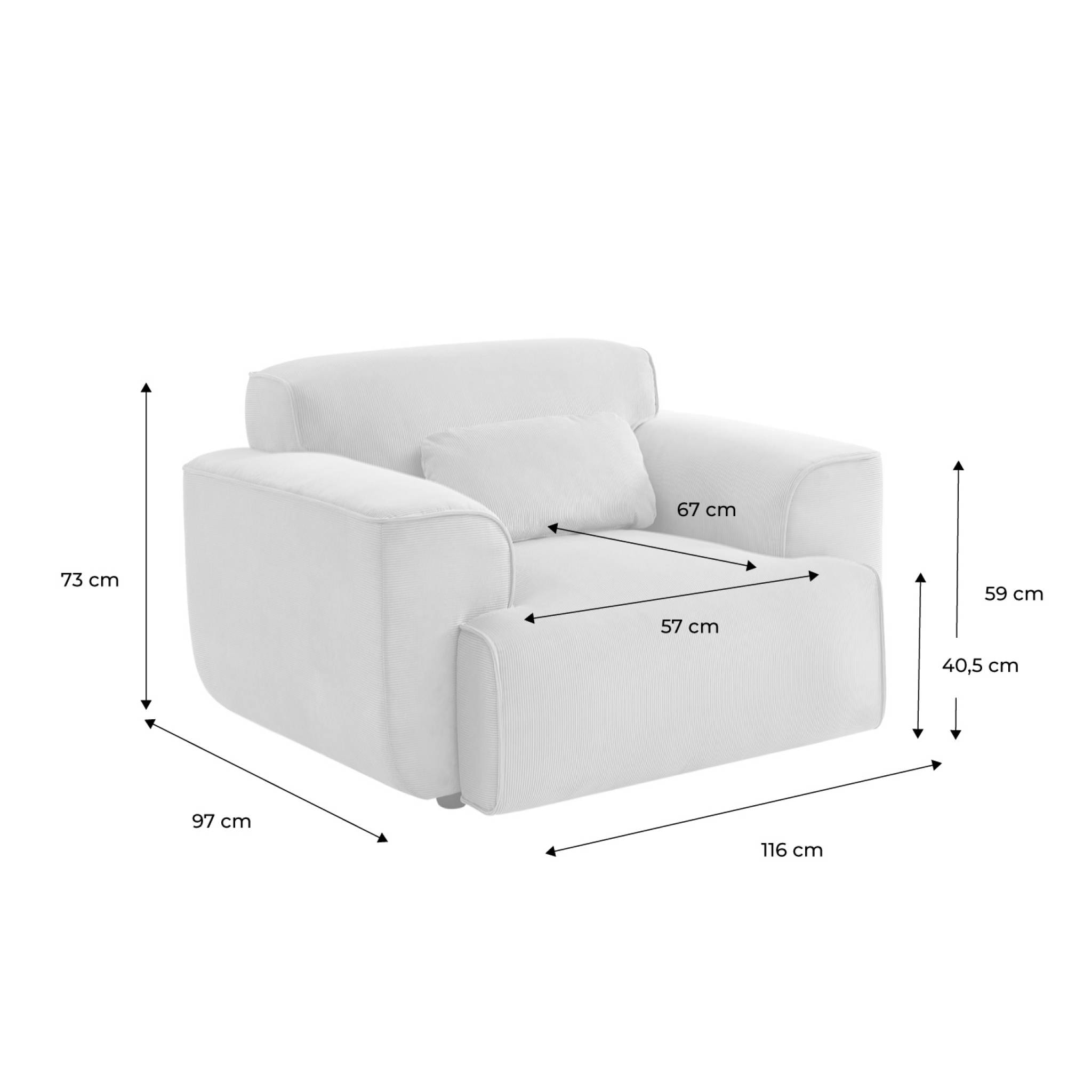 Fauteuil velours côtelé. lignes arrondies. coussin fourni. Wallas. L 116 x P 97 x H 73cm