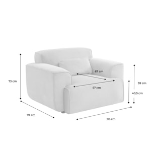 Fauteuil velours côtelé. lignes arrondies. coussin fourni. Wallas. L 116 x P 97 x H 73cm