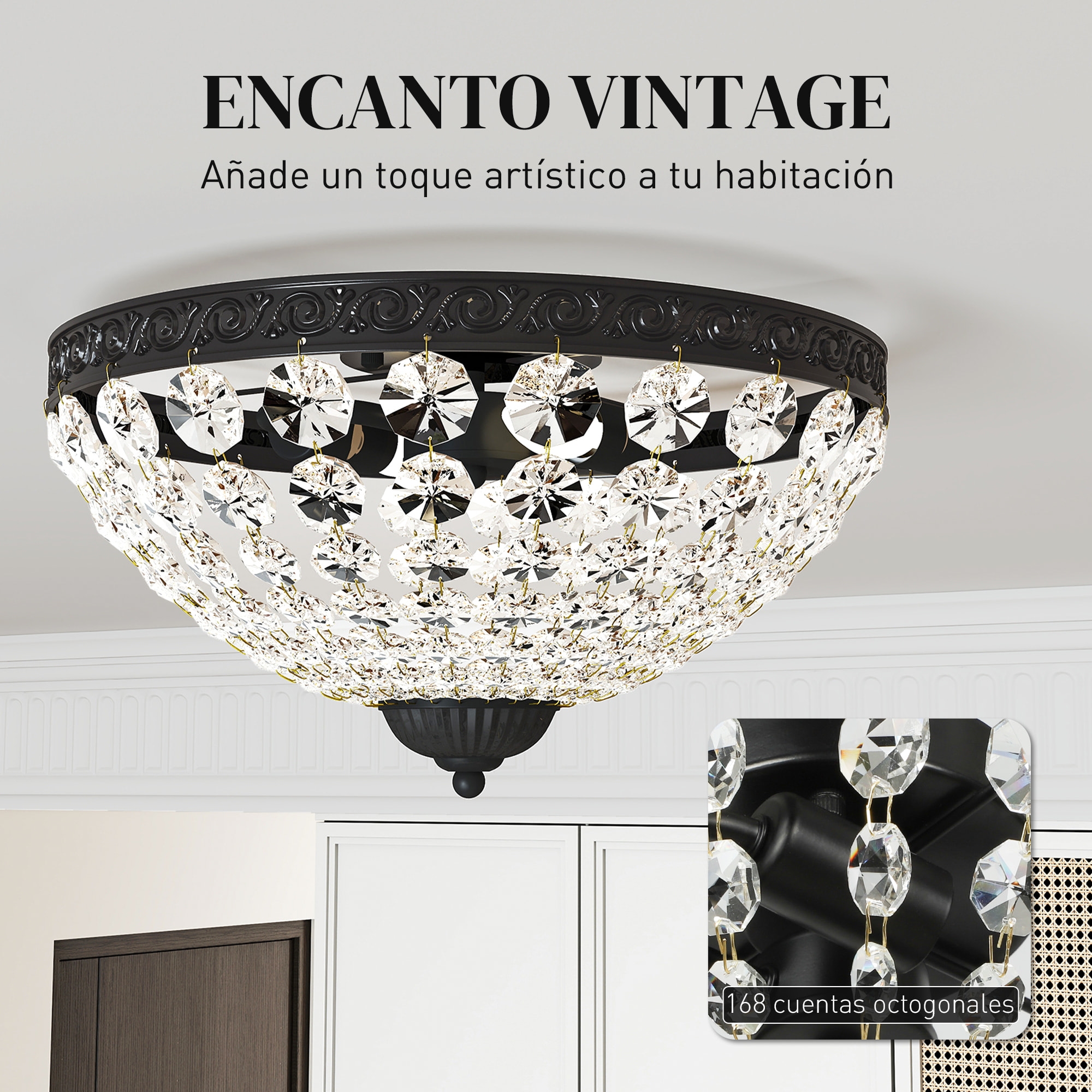 Lámpara de Techo de Cristal Clásica con 2 Casquillos E14, 40W, Plafón de Techo Vintage con 168 Cuentas de Cristal para Dormitorio, Salón, Cocina y Comedor, Negro