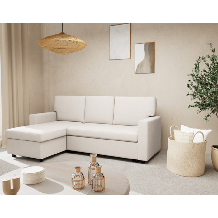 Meiya - canapé d'angle réversible 4 places convertible avec coffre en tissu - Beige