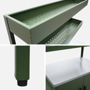 Cuisine d'extérieure en acier vert avec 2 étagères suspendues et 2 portes L80cm