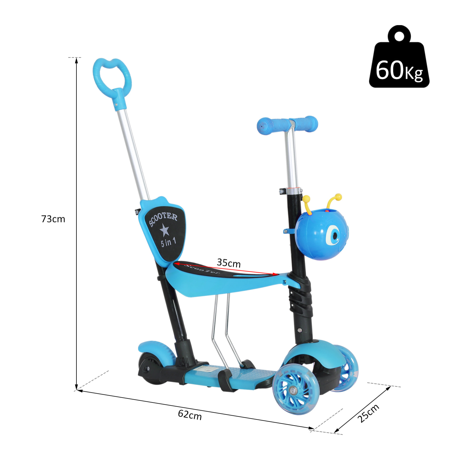 3 en 1 Patinete para Niños de +18 Meses o Scooter de 3 Ruedas con Asiento Extraíble Manillar Mango de Empuje Altura Ajustable 62x25x72,5 cm