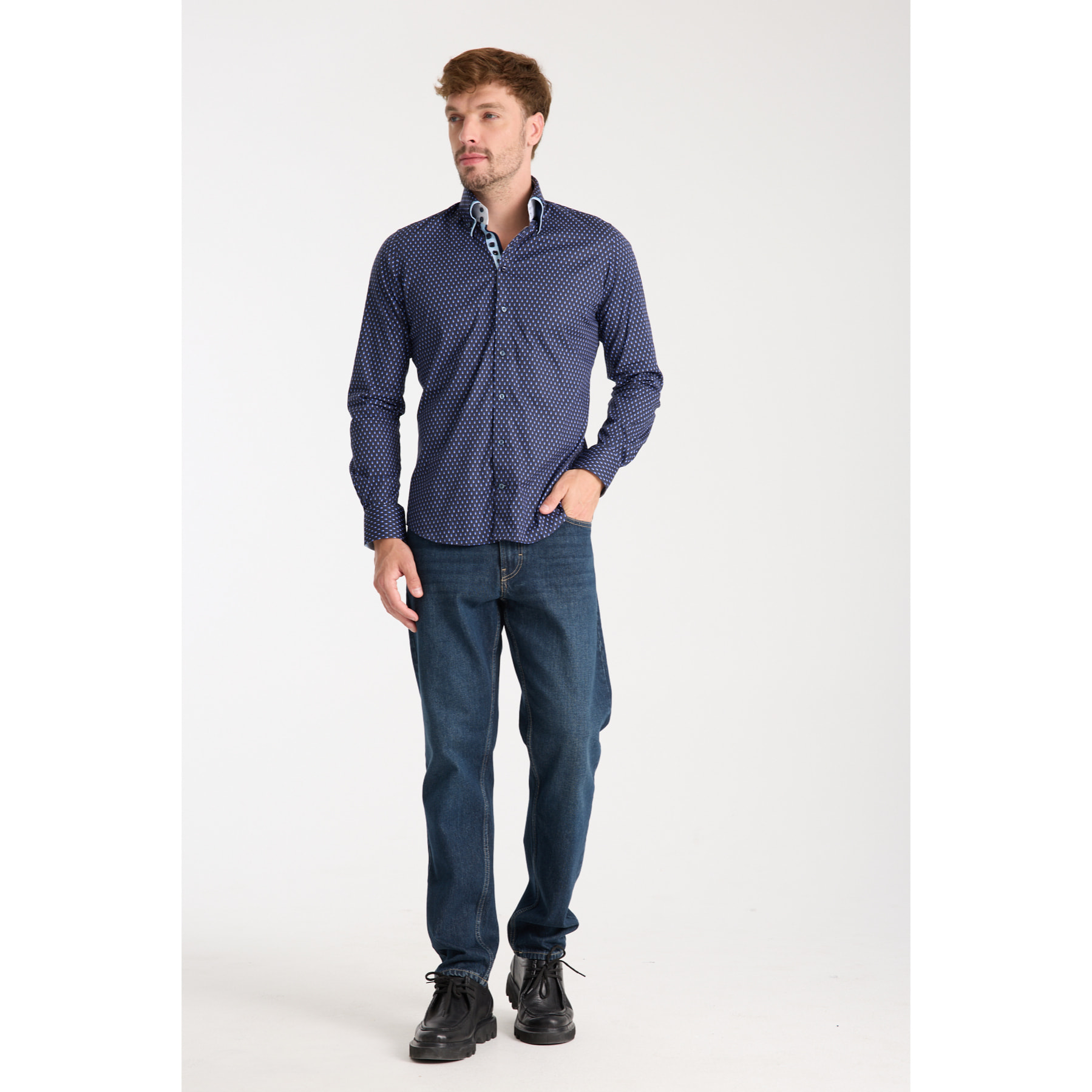 Camicia Uomo 2 Bottoni Button Down 7bottoni Doppio Coll Popeline Stretch Stampato Blu/Turchese