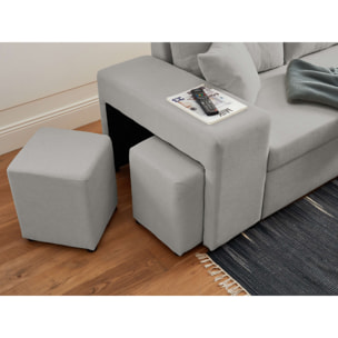 California - canapé d'angle réversible convertible - avec coffre, tablette et poufs - en velours côtelé - 4 places - Gris clair
