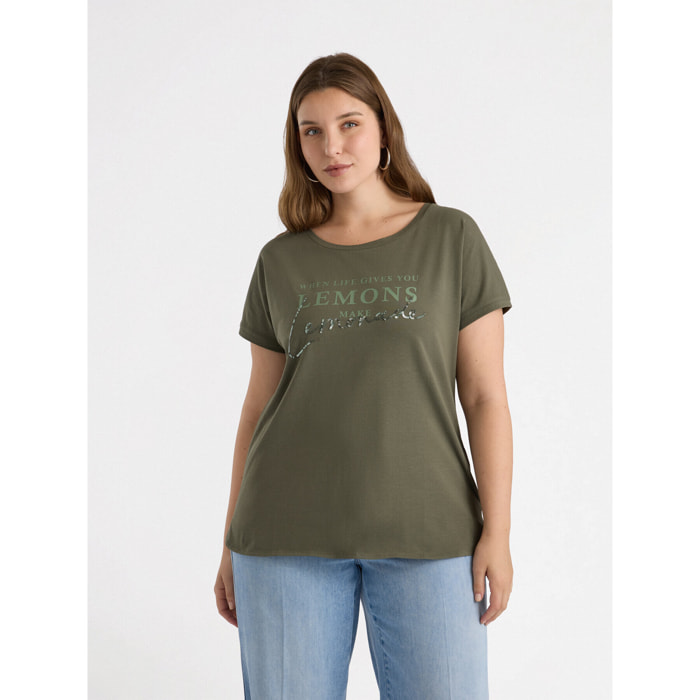 Fiorella Rubino - T-shirt con scritta e ricamo - Verde militare