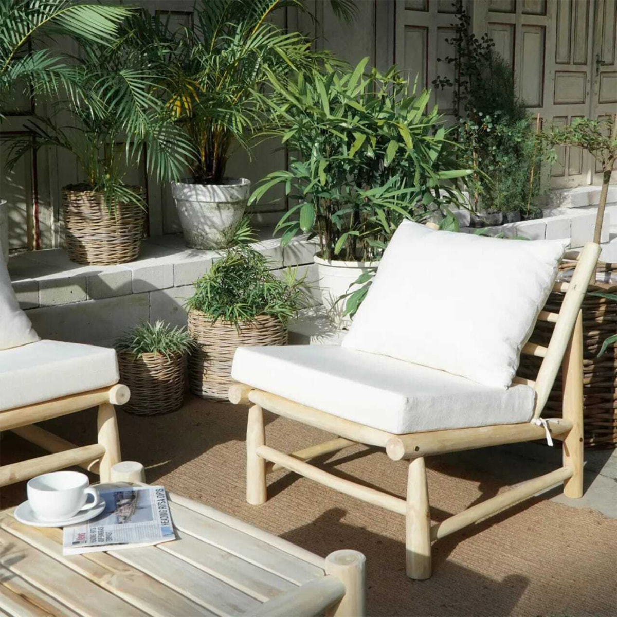 Salon de jardin 3 personnes en bois de teck massif et tissu  - Ily
