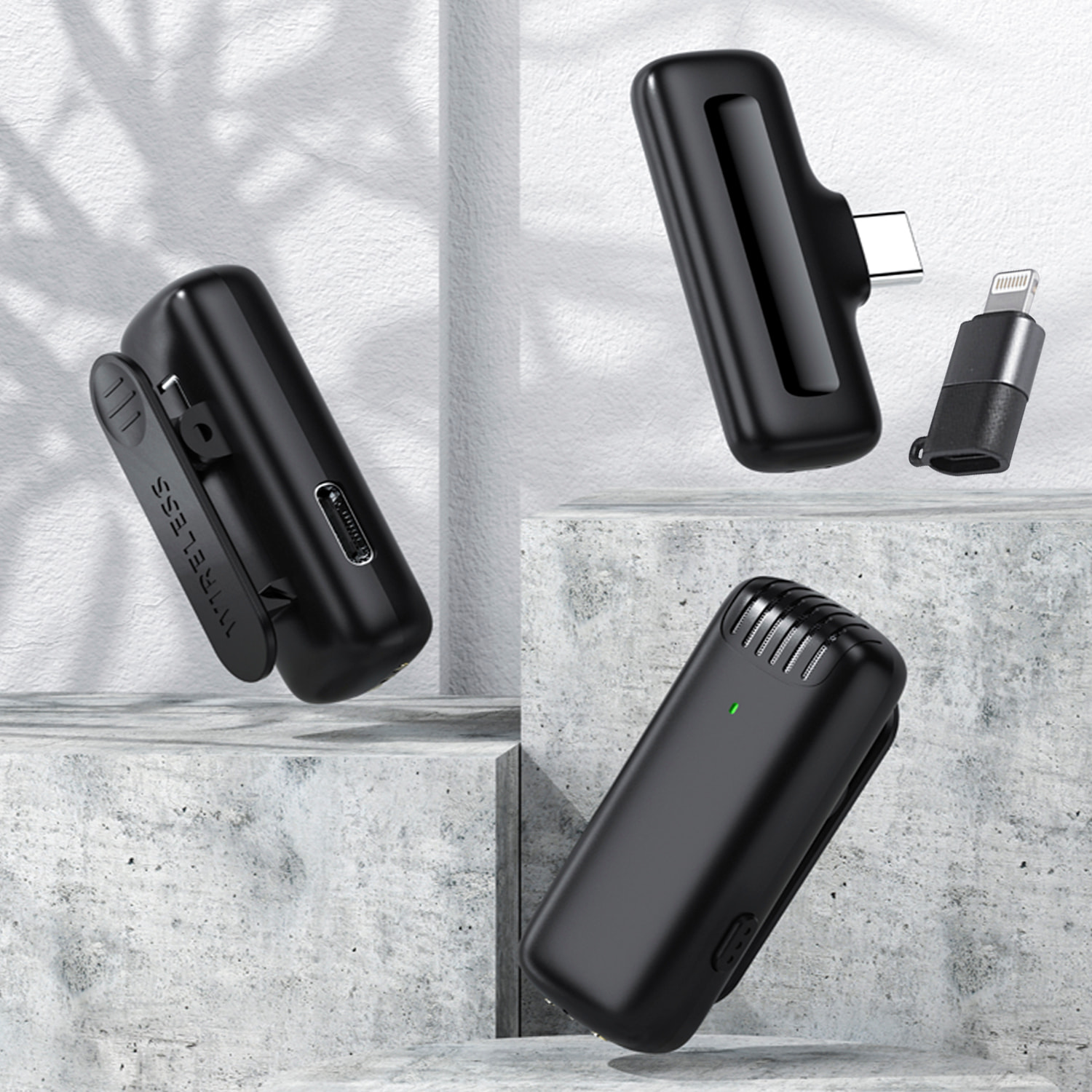 Microfono wireless portatile con clip J13. Include 2 microfoni e 1 ricevitore. Per smartphone, fotocamere e laptop. Connessione USB-C + Lightning.
