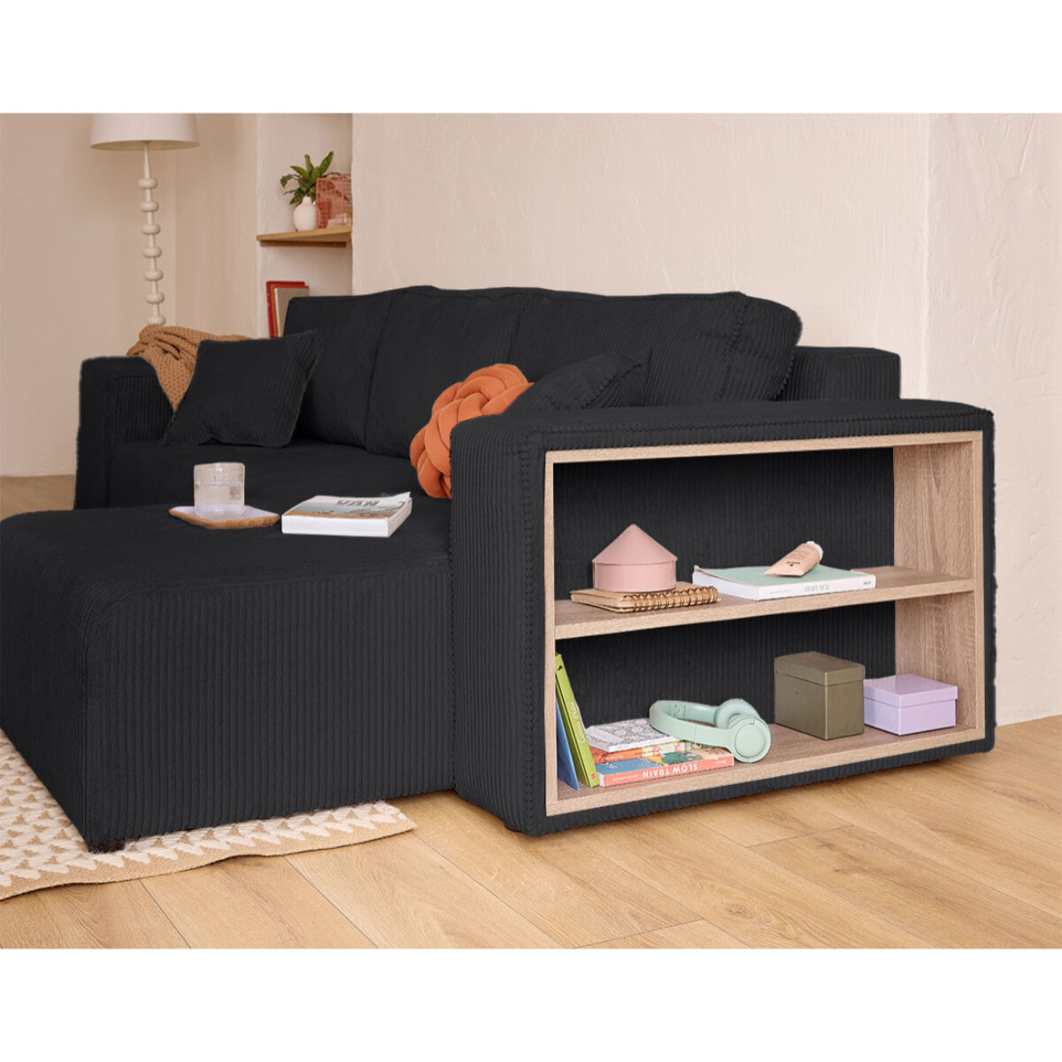 Topaze - canapé d'angle réversible 4 places - convertible avec coffre, tablette et poufs - en velours côtelé - Noir