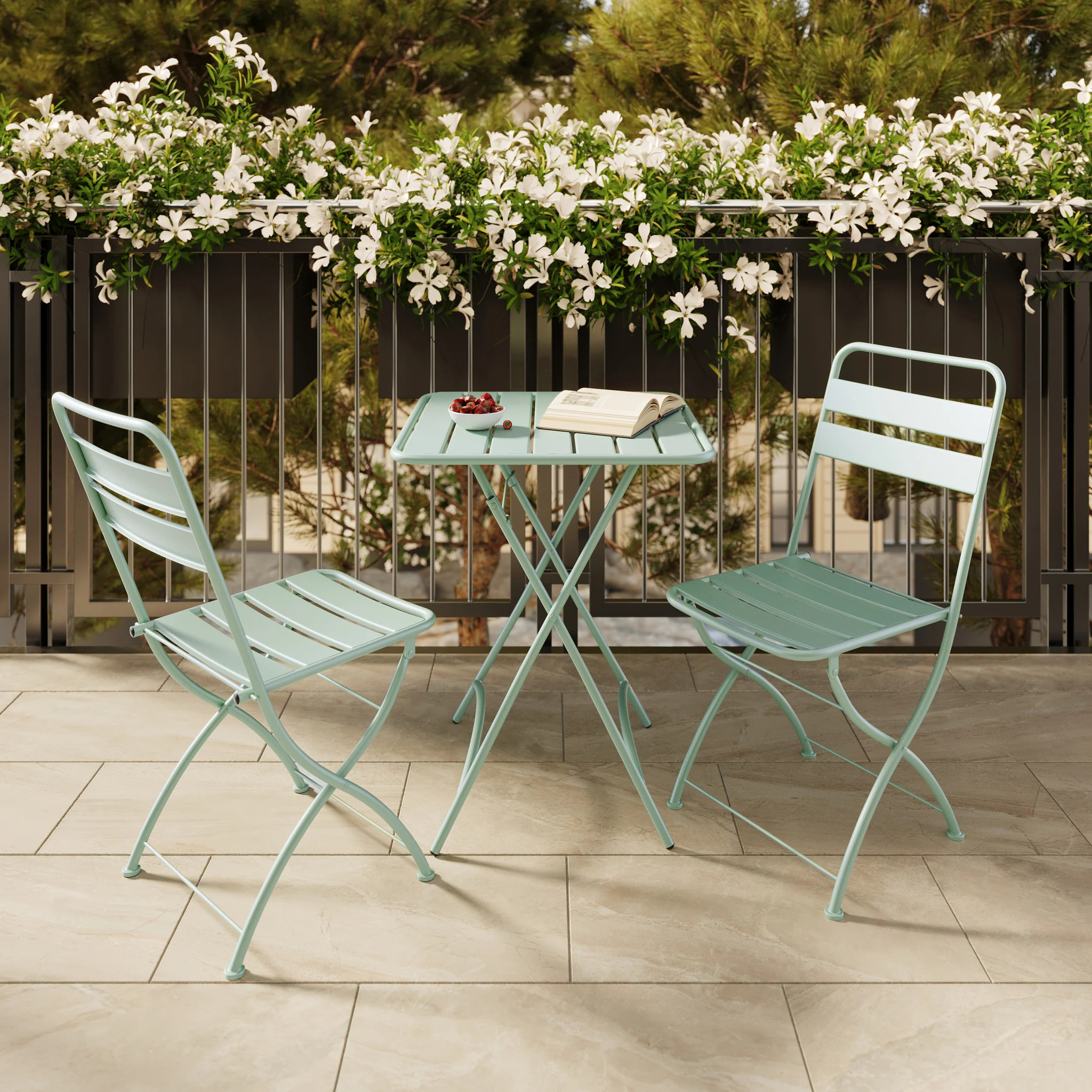 Table de jardin pliante en métal vert clair 2 personnes - Yumi