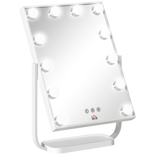 HOMCOM Espejo de Maquillaje con Luz Espejo Hollywood de Mesa con 12 LED 3 Modos y Luz Ajustable Pantalla Táctil y Función de Memoria para Dormitorio Baño 32,8x11x47,4 cm Blanco