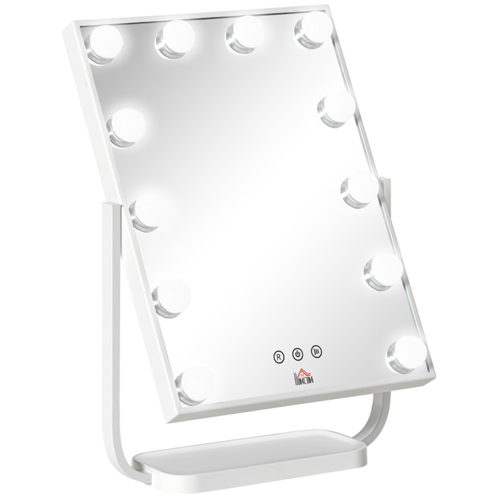 HOMCOM Espejo de Maquillaje con Luz Espejo Hollywood de Mesa con 12 LED 3 Modos y Luz Ajustable Pantalla Táctil y Función de Memoria para Dormitorio Baño 32,8x11x47,4 cm Blanco