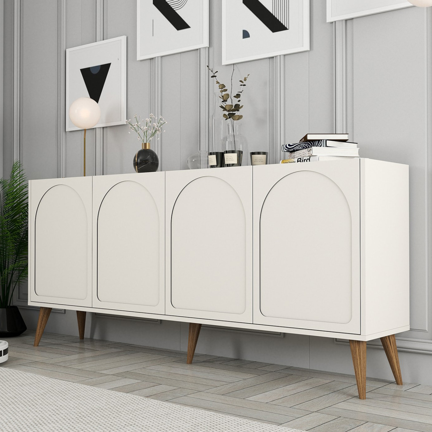 EFFY Buffet 4 portes design arrondi crème 180x81cm
