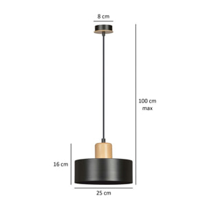 Lampada a sospensione Torin in acciaio nero opaco e legno