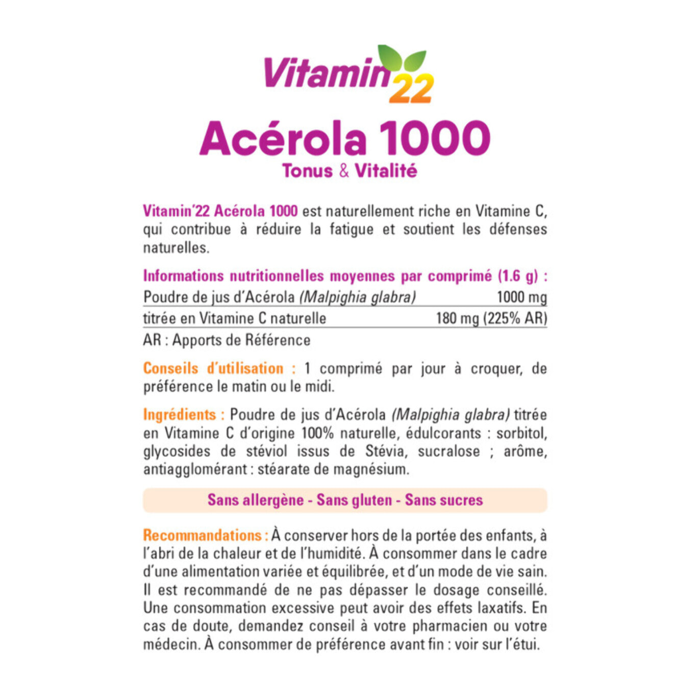 VITAMIN'22 - Acerola 1000 - Complément alimentaire à base d'Acérola- Vitamine C 100% d'origine naturelle - Sans sucre - Sans gluten - Goût Cerise - Cure de 24 j - Lot de 3 produits