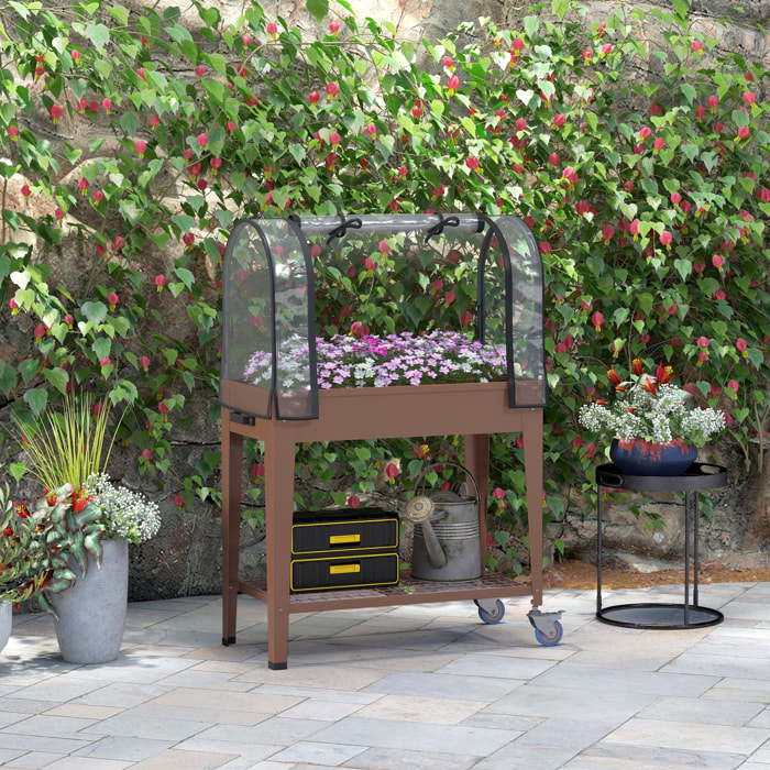 Mesa de Cultivo con Ruedas 80x40x120 cm Huerto Urbano Elevado con Cubierta de Invernadero y Estante Inferior para Cultivo Plantas Flores Verduras Marrón