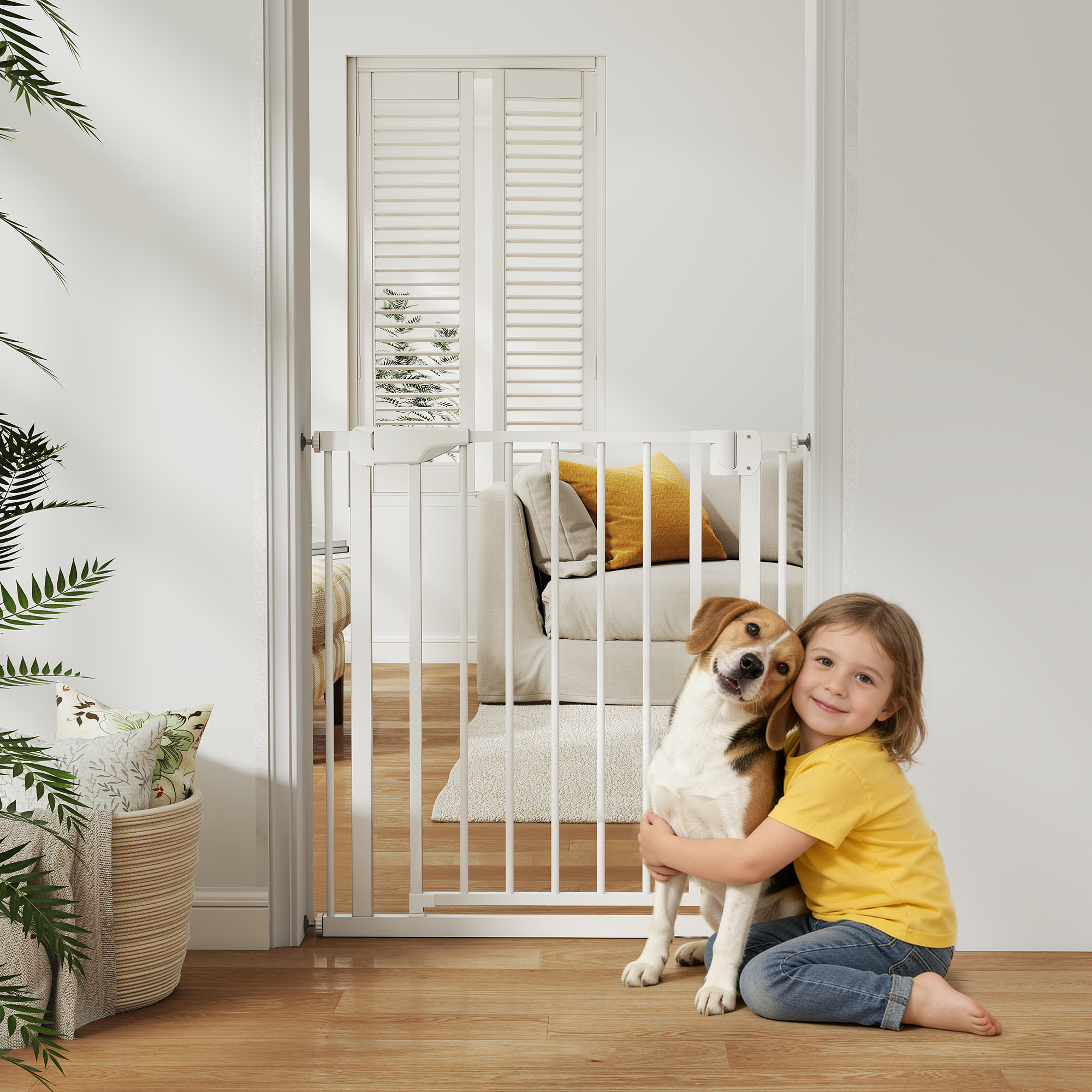Barrera de Seguridad para Niños y Perros, Ancho 76-82 cm, Puerta para Perros, Bloqueo Doble, Cierre Automático, Apertura Dos Sentidos, para Puertas, Escaleras, Montaje a Presión, Blanco