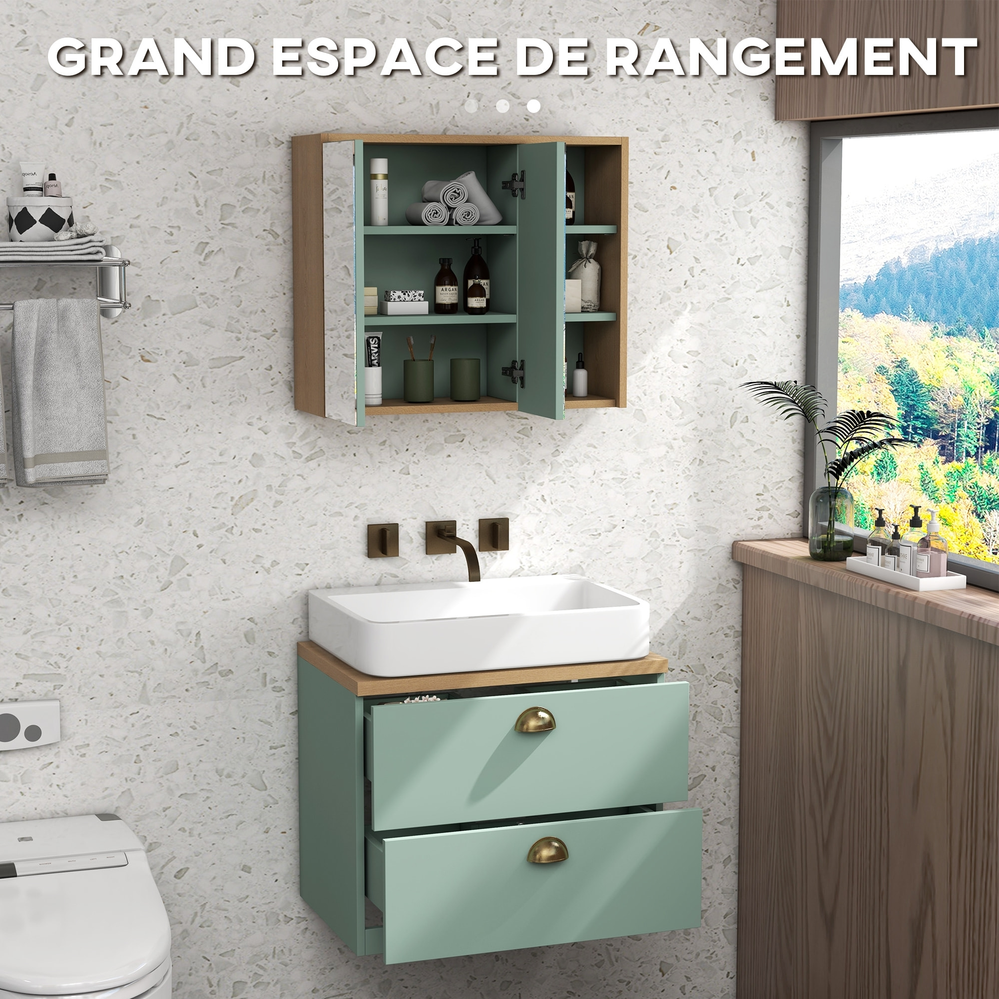 Ensemble 2 meubles salle de bain - meuble sous-vasque suspendu, armoire murale miroir - aspect bois clair vert