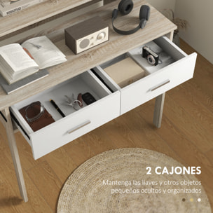 Mesa Consola Escritorio Extensible de 2 Niveles con Rieles Deslizantes 2 Cajones y 2 Ruedas Antivuelco Mesa de Entrada Doble 95x35x87 cm Roble