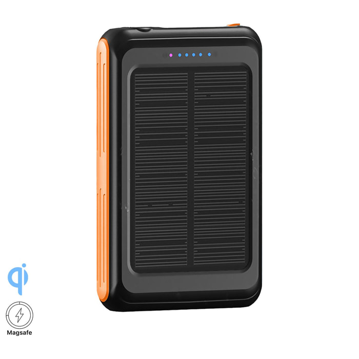 Powerbank solar de 5.000mAh con carga inalámbrica de 5W compatible con Magsafe. Salida USB. Linterna led incorporada.