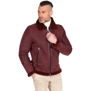 Montone bordeaux Shearling biker uomo collo camicia con fibbia