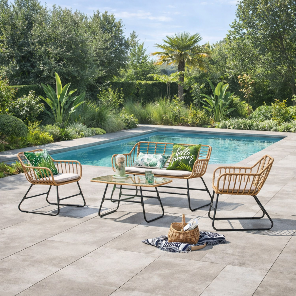 ALVARADO Salon de jardin 4 places en rotin et acier beige et noir