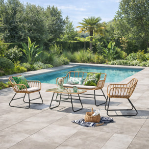 ALVARADO Salon de jardin 4 places en rotin et acier beige et noir