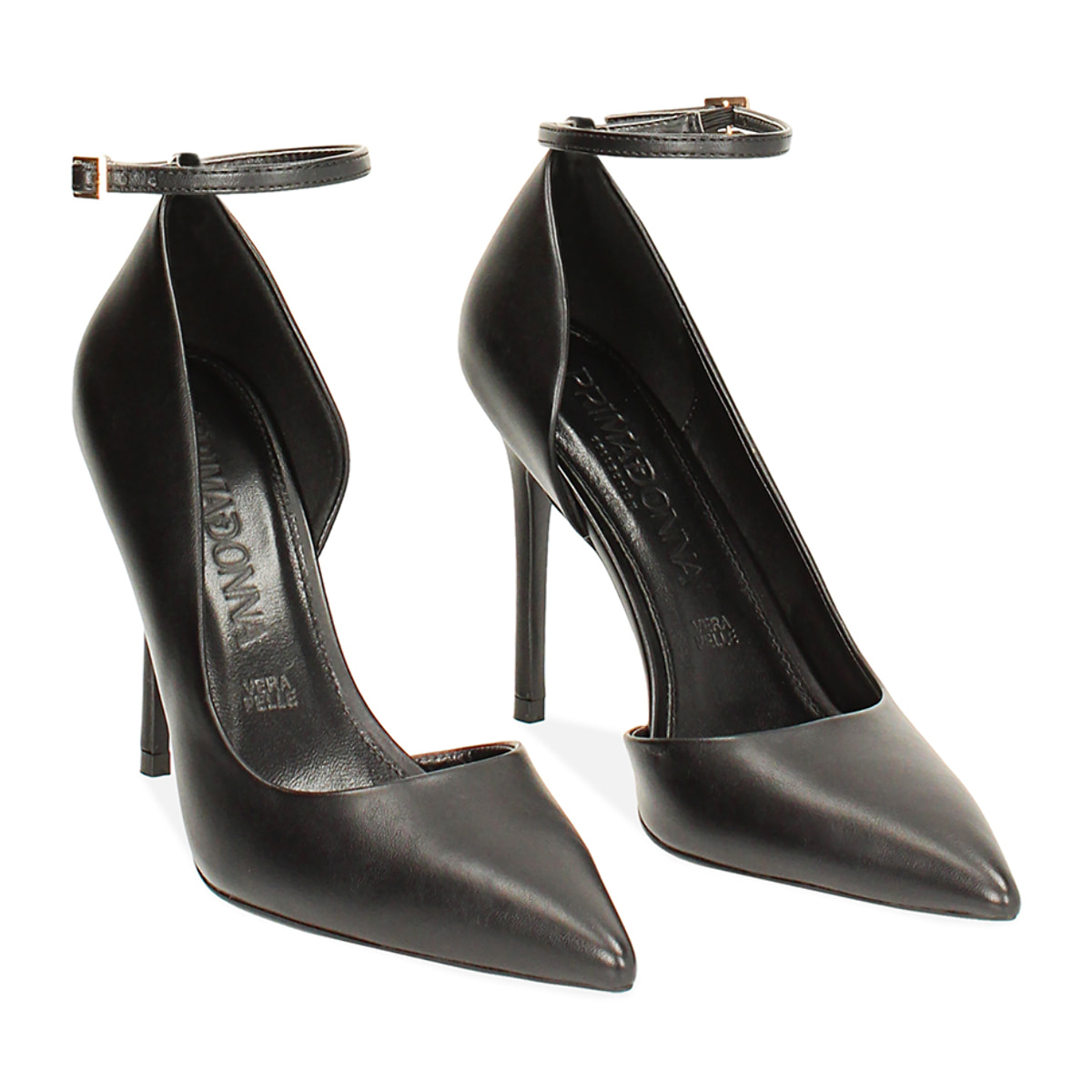Décolleté open shank nere, tacco stretto 10,7 cm