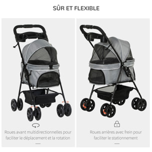 Poussette buggy pliable chien chat panier rangement porte-gobelets tissu 300D Oxford imperméable 4 roues gris