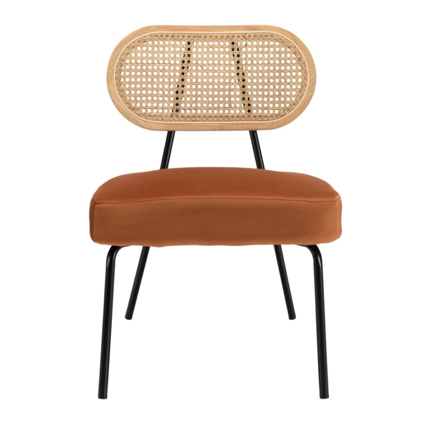 AGATHE - Fauteuil métal noir assise velours orange ambré dossier rotin