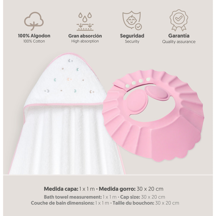 Capa Baño 1X1 Mod Estrella Luna Multicolor+Gorro Bco/Rosa