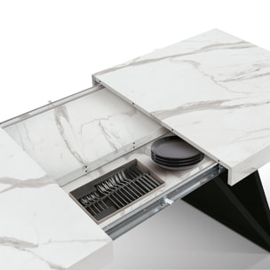 Tavolo VULCANO in legno, finitura bianco statuario e base in legno mdf nero, allungabile 160x90 cm - 240x90 cm