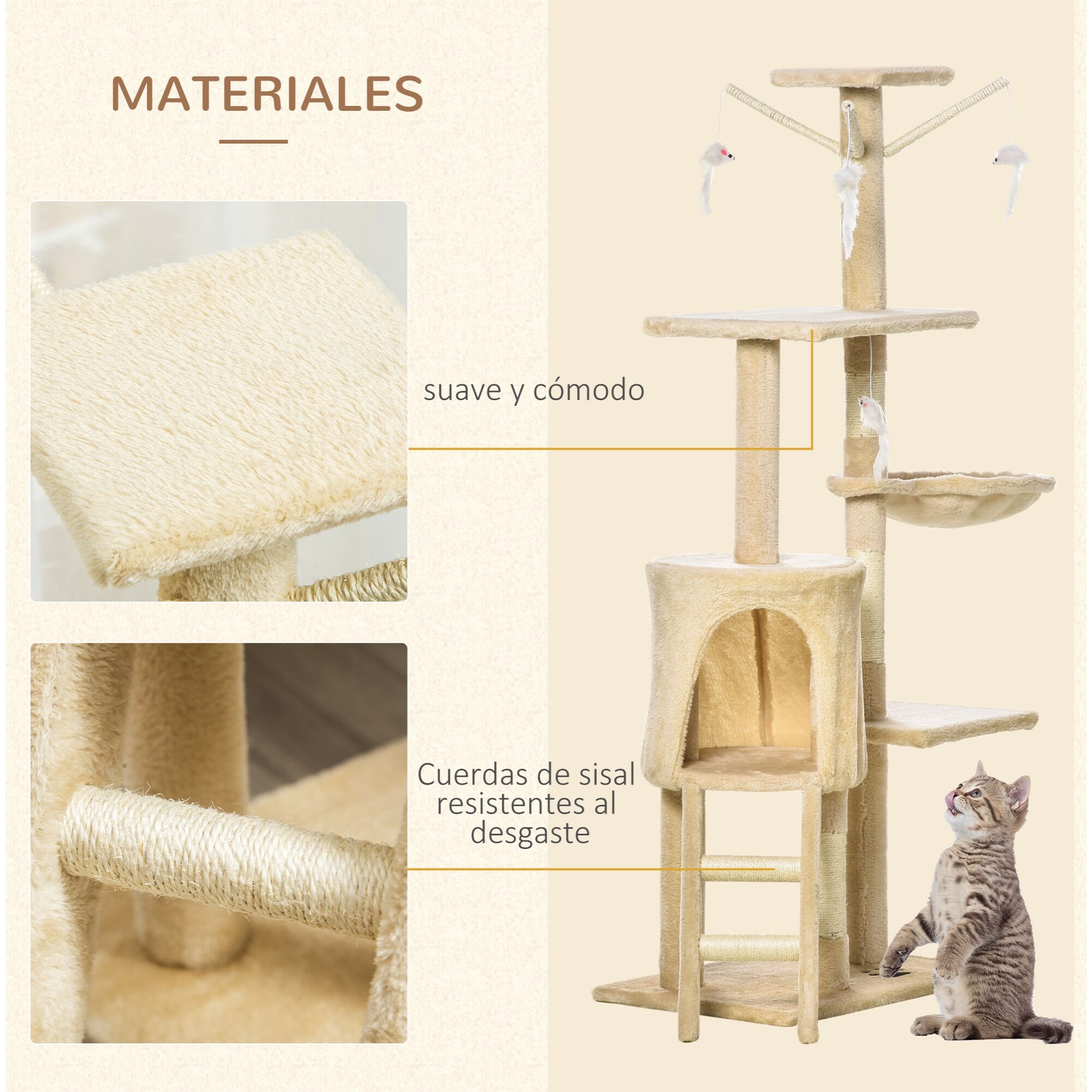 Árbol para gatos Rascador Grande 50x35x134,2 cm con Nidos Plataformas Casetas Ratón de Juego Hamaca Postes de Sisal Cubierto de Felpa Beige