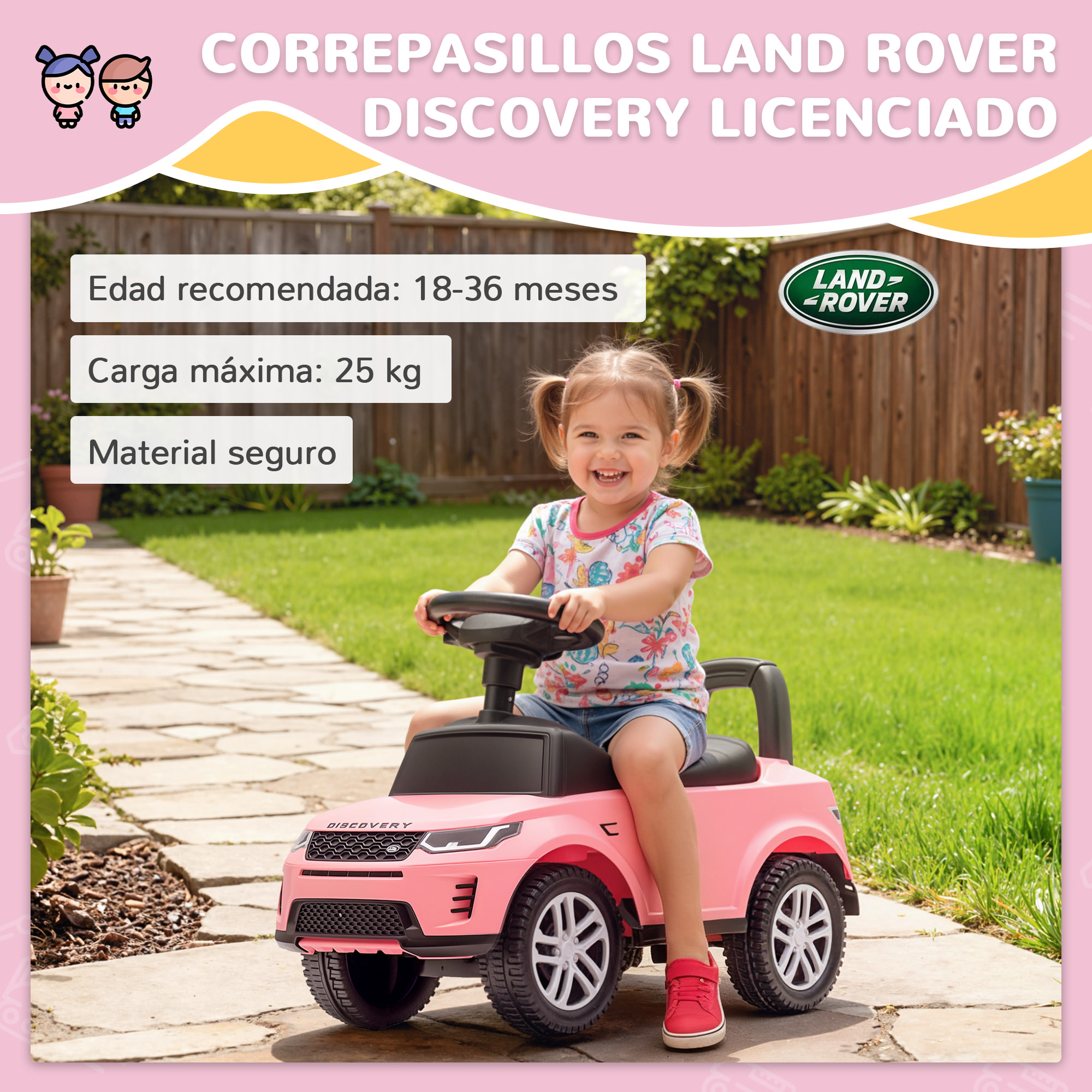 Coche Correpasillos con Licencia de Land Rover, Correpasillos para Niños de 18-36 Meses con Almacenaje, Volante, Bocina, Sonidos de Motor, 65,5x28x42 cm, Rosa