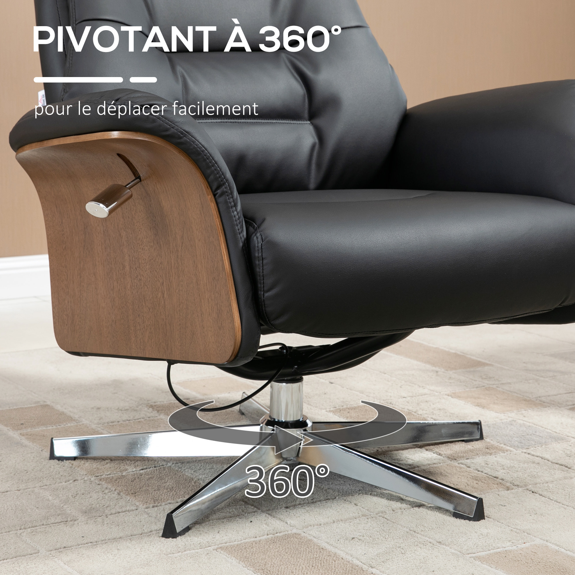 Fauteuil relax avec repose-pieds - ensemble lounge chair design - acier chromé bois eucalyptus synthétique noir