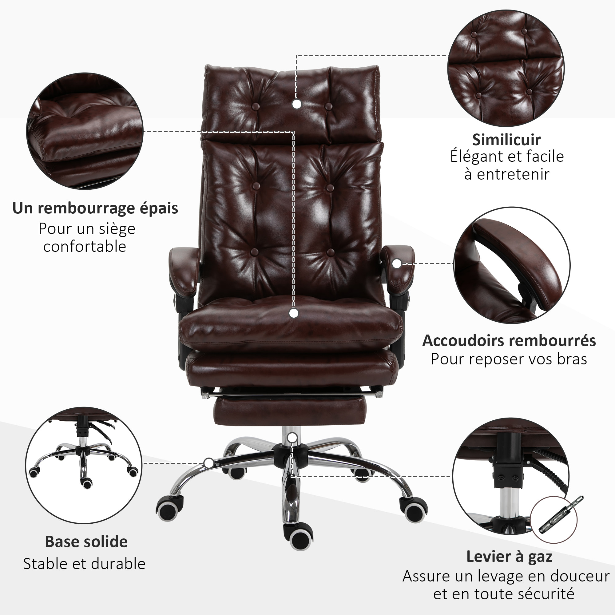 Vinsetto Fauteuil de bureau, chaise de bureau ergonomique avec hauteur réglable, dossier inclinable et repose-pied rétractable et pivotant à 360°, cuir synthétique, pour chambre, télétravail, marron
