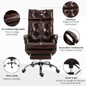 Vinsetto Fauteuil de bureau, chaise de bureau ergonomique avec hauteur réglable, dossier inclinable et repose-pied rétractable et pivotant à 360°, cuir synthétique, pour chambre, télétravail, marron