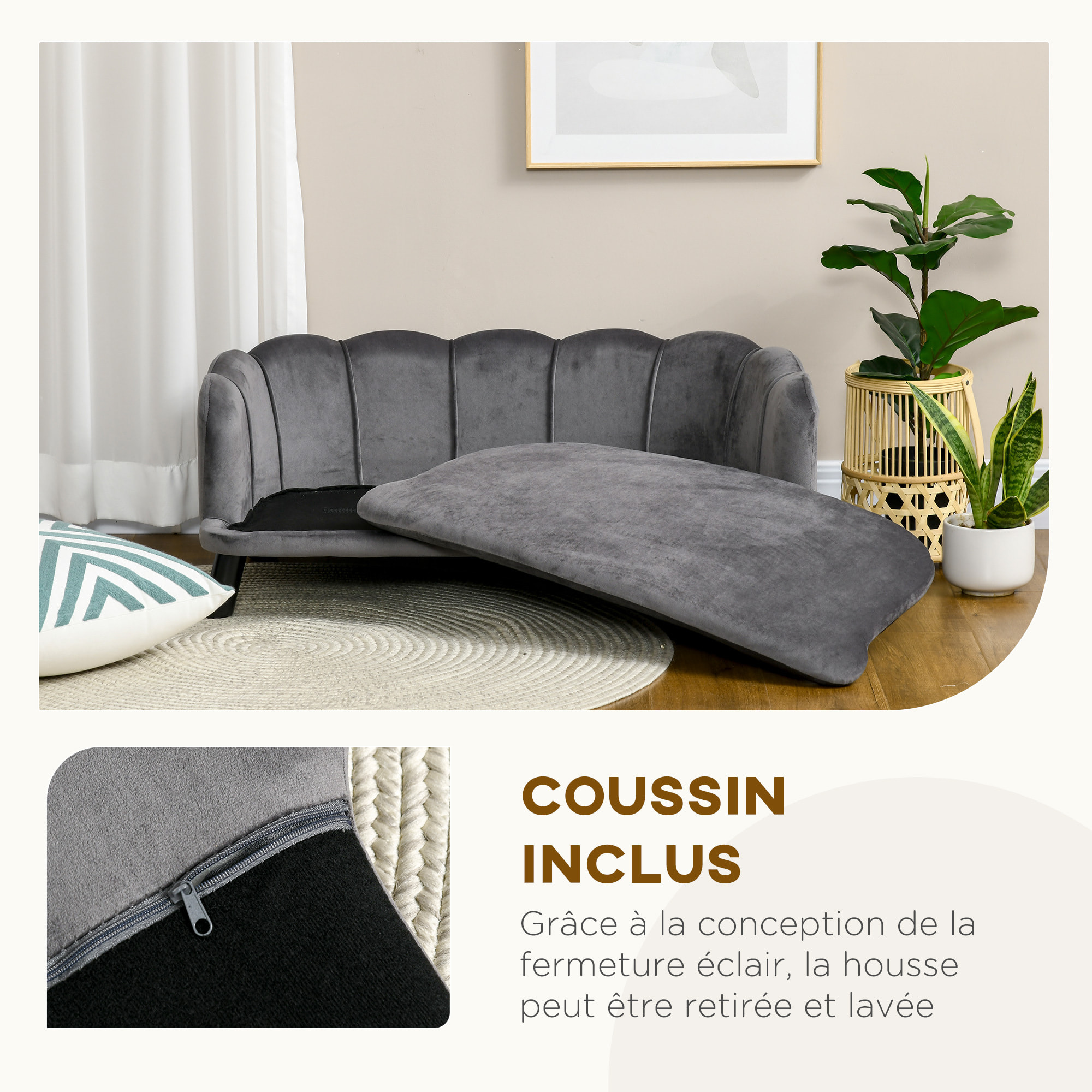 Canapé chien lit pour chien chat design contemporain coquillage dim. 98L x 60l x 35H cm coussin moelleux velours gris