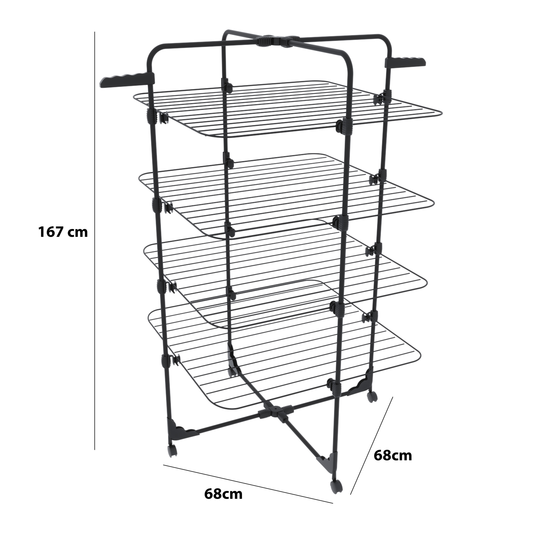 Stendibiancheria Da Pavimento Con Rotelle Stendino A Torre Verticale In Acciaio 4 Ripiani 2 Appendi Grucce Pieghevole 168.5x71x71 Cm Nero Opaco