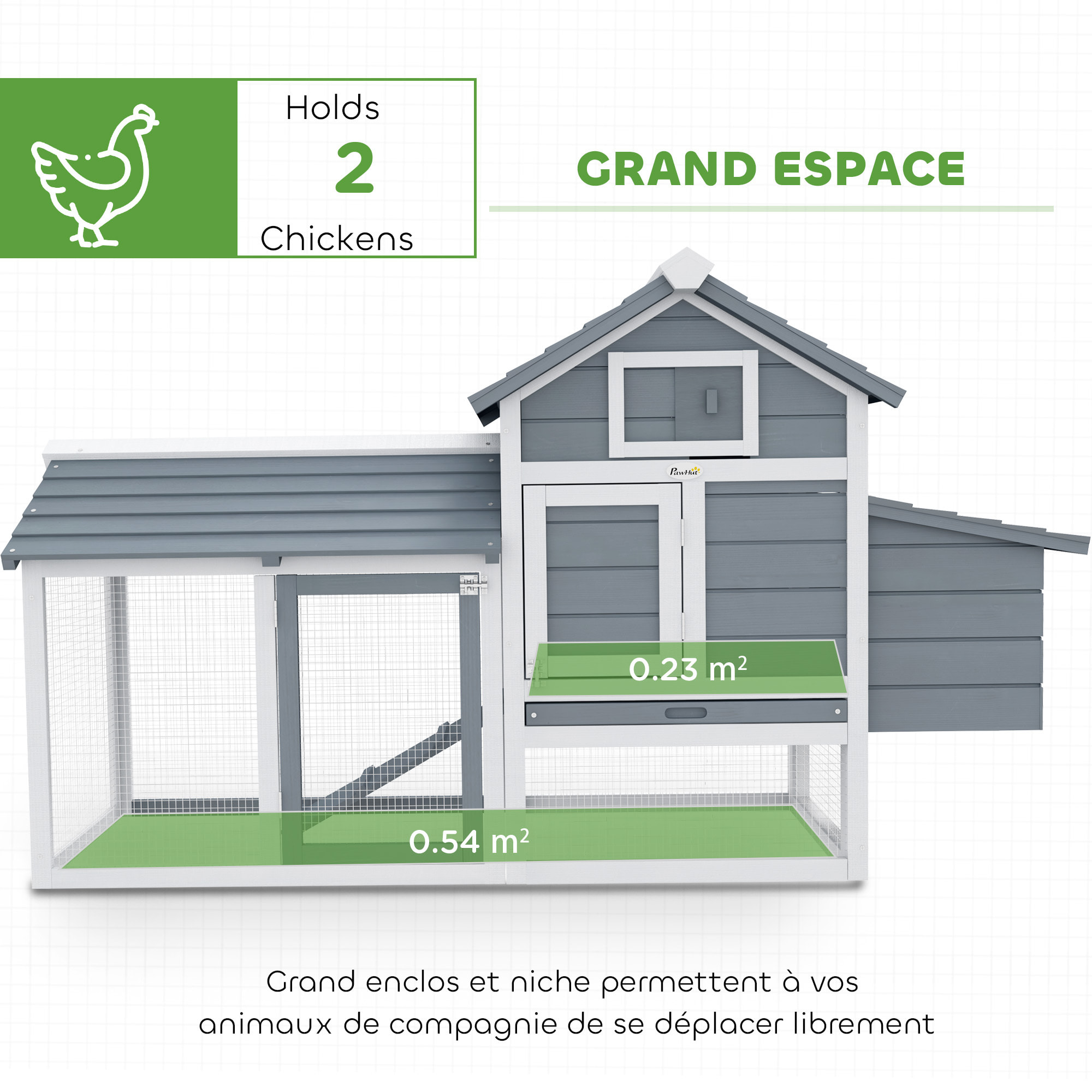 Poulailler cottage cage à poules sur pied dim. 151L x 54l x 87H cm multi-équipement bois pin blanc